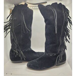 VTG New Zealand Black Suede Fringe Knee-High Boots 7.5 Sherpa lined Boho Indie